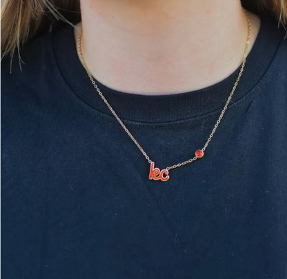 Red KC Script Necklace with Charm