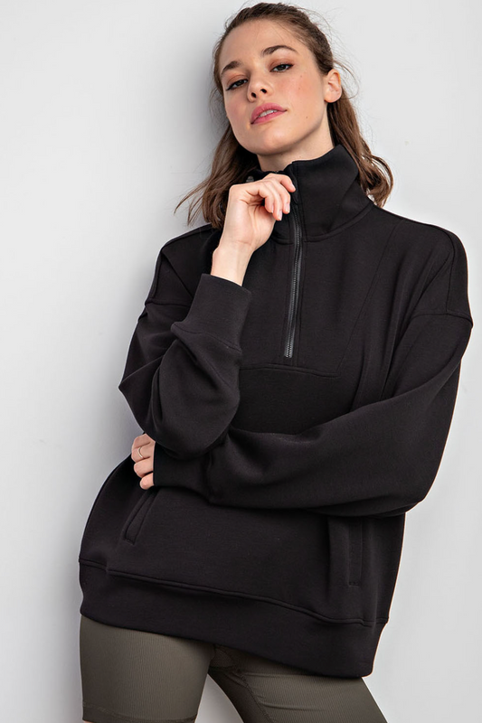 Rae Mode Quarter Zip Pullover- Black