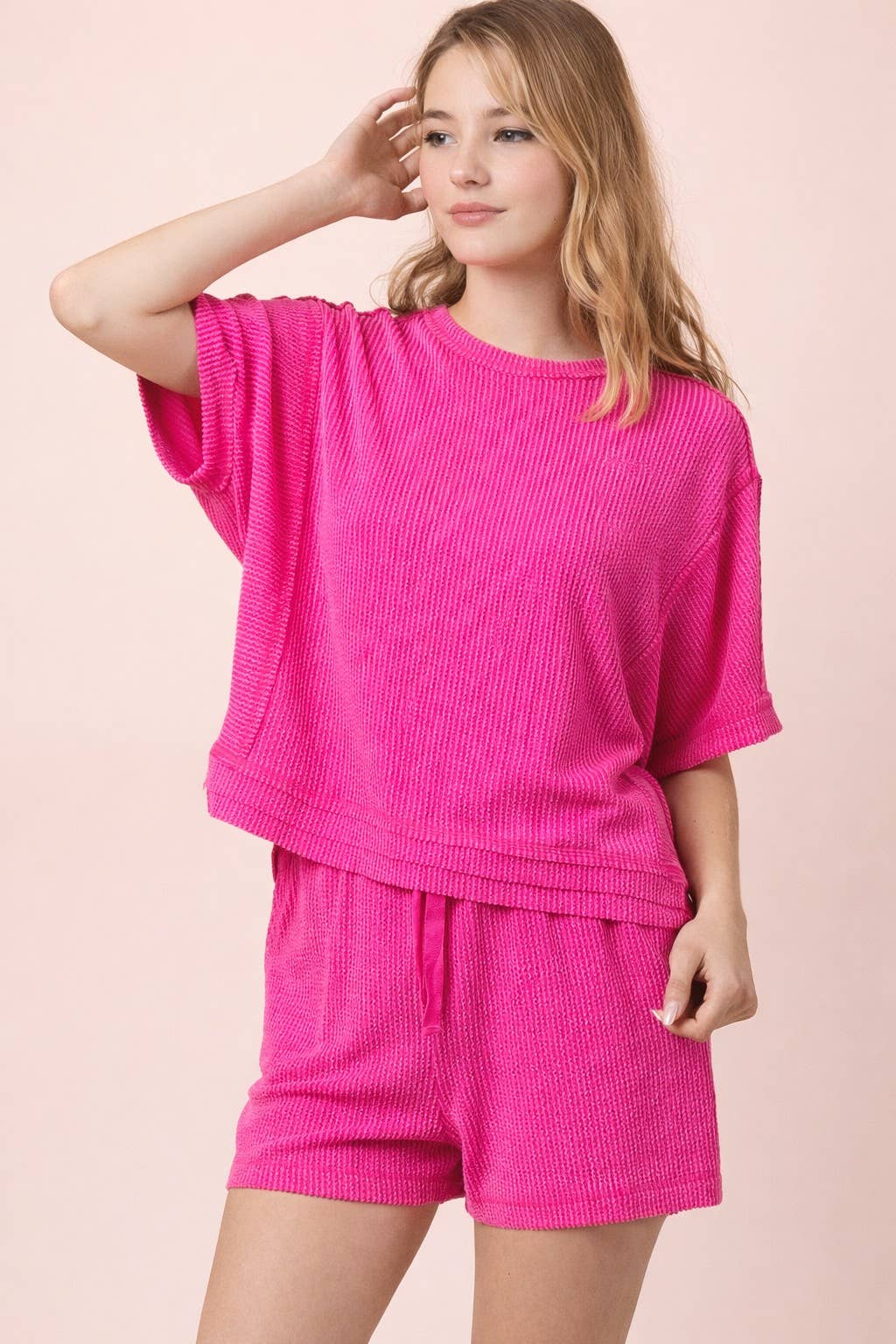 NT12686SET-Ribbed Knit Comfy Top & Shorts Set: OAT / S-M-L/2-2-2