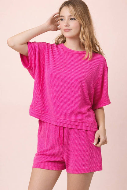 NT12686SET-Ribbed Knit Comfy Top & Shorts Set: OAT / S-M-L/2-2-2
