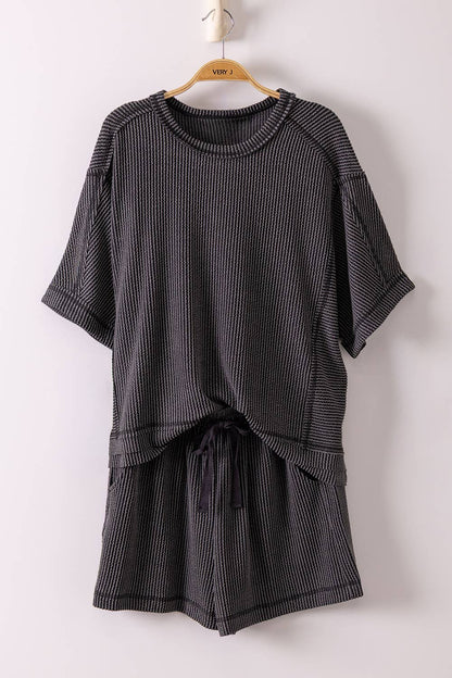 NT12686SET-Ribbed Knit Comfy Top & Shorts Set: OAT / S-M-L/2-2-2