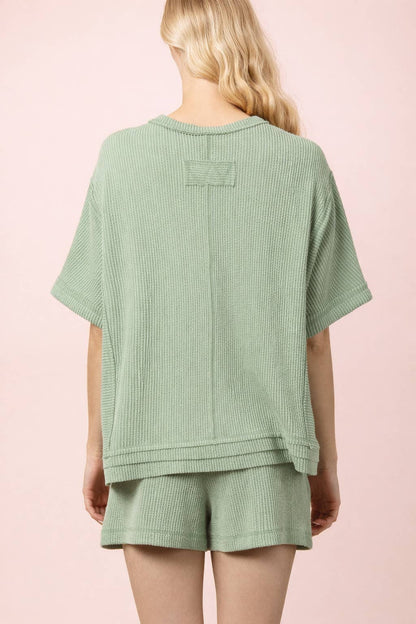 NT12686SET-Ribbed Knit Comfy Top & Shorts Set: OAT / S-M-L/2-2-2