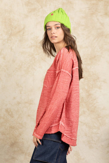 NT11158X-PLUS SIZE Raw Edge Detail Washed Top: DENIM / 1X-2X-3X/3-2-1