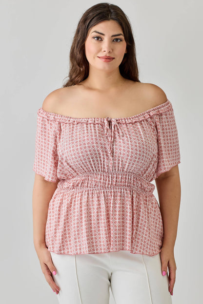 PLUS- Geometric Print Smocked Peplum Top