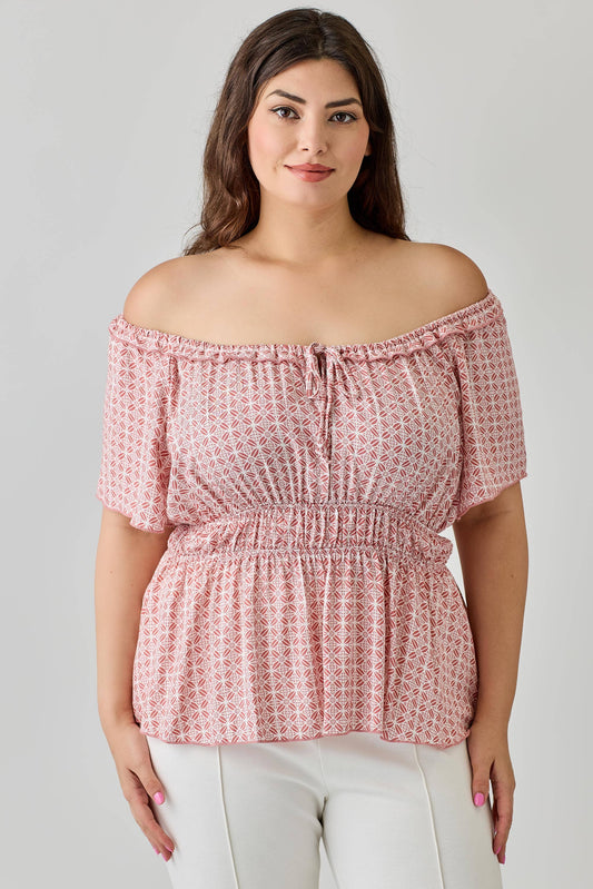 PLUS- Geometric Print Smocked Peplum Top