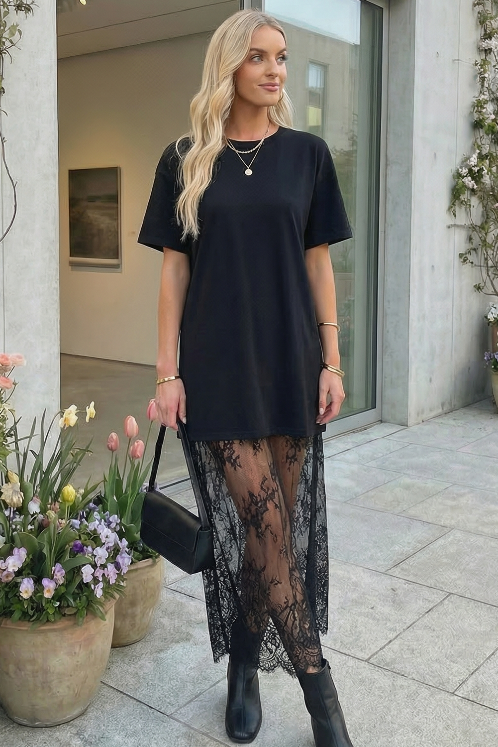 Mesh Lace T Shirt Maxi Dress