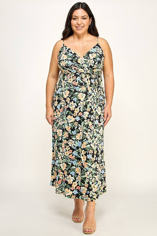 Plus Size Floral Wrap Maxi Dress WG18073-D: Black / Plus Size / XL