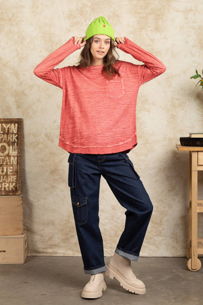 NT11158X-PLUS SIZE Raw Edge Detail Washed Top: DENIM / 1X-2X-3X/3-2-1