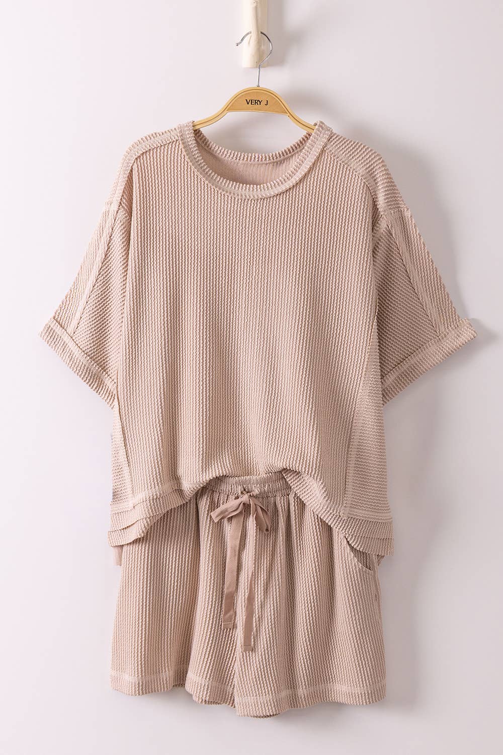 NT12686SET-Ribbed Knit Comfy Top & Shorts Set: OAT / S-M-L/2-2-2