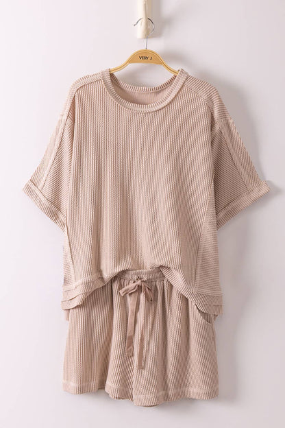 NT12686SET-Ribbed Knit Comfy Top & Shorts Set: OAT / S-M-L/2-2-2